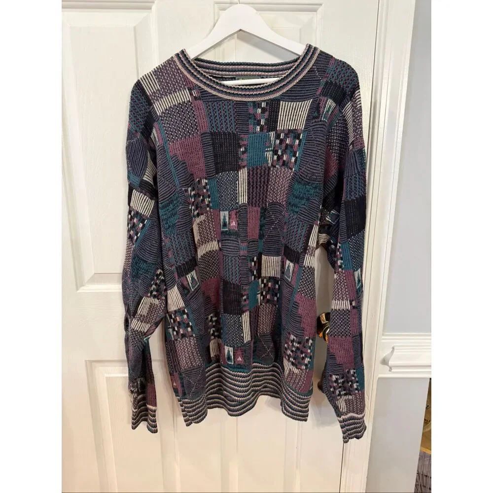 Vintage Descente Golf Collection Teal & Purple Patchwork Sweater sz XL EUC